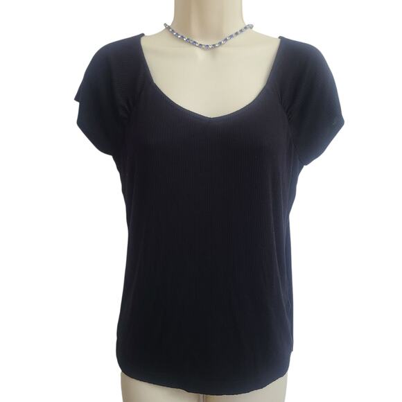 Tahari Top Womens M Black Short Sleeve Ribbed Cap Sleeves Casual Chic - Picture 1 of 6